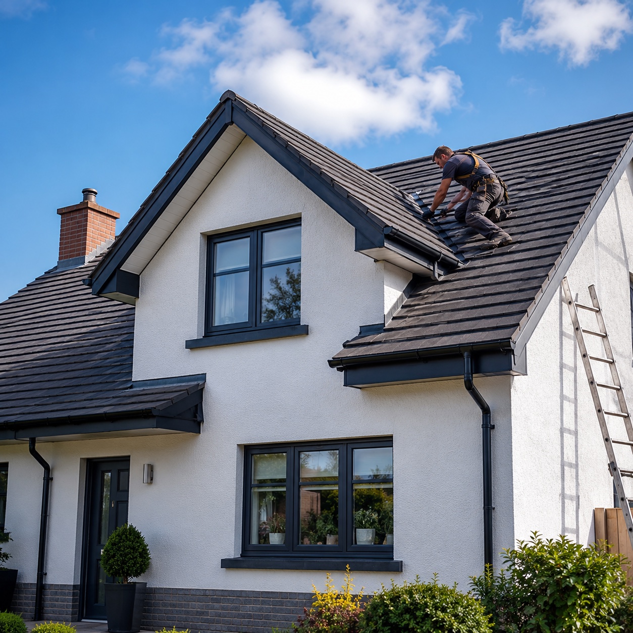 Roofers working on a tiled roof